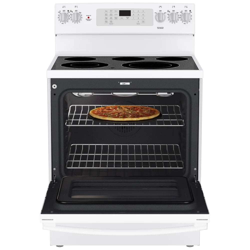 30" GE 5.0 Cu. Ft. Electric Freestanding Smooth Top Range with True European Convection in White - JCB840DVWW