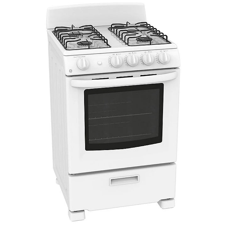 GE JCGAS300DMWW Range, 24" Exterior Width, Gas Range, Gas Burners, 4 Burners, 2.9 cu. ft. Capacity, Storage Drawer, 1 Ovens, 12K BTU, Front Controls, White colour