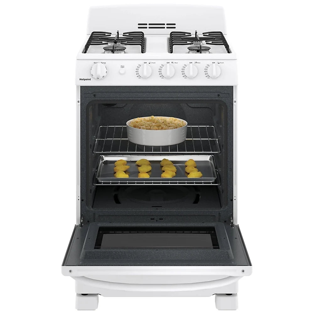 GE JCGAS300DMWW Range, 24" Exterior Width, Gas Range, Gas Burners, 4 Burners, 2.9 cu. ft. Capacity, Storage Drawer, 1 Ovens, 12K BTU, Front Controls, White colour