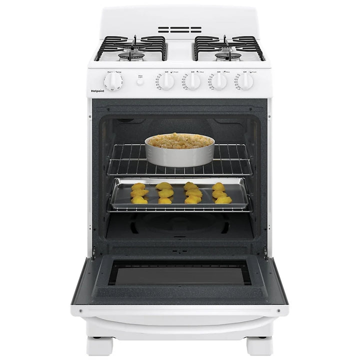 GE JCGAS300DMWW Range, 24" Exterior Width, Gas Range, Gas Burners, 4 Burners, 2.9 cu. ft. Capacity, Storage Drawer, 1 Ovens, 12K BTU, Front Controls, White colour
