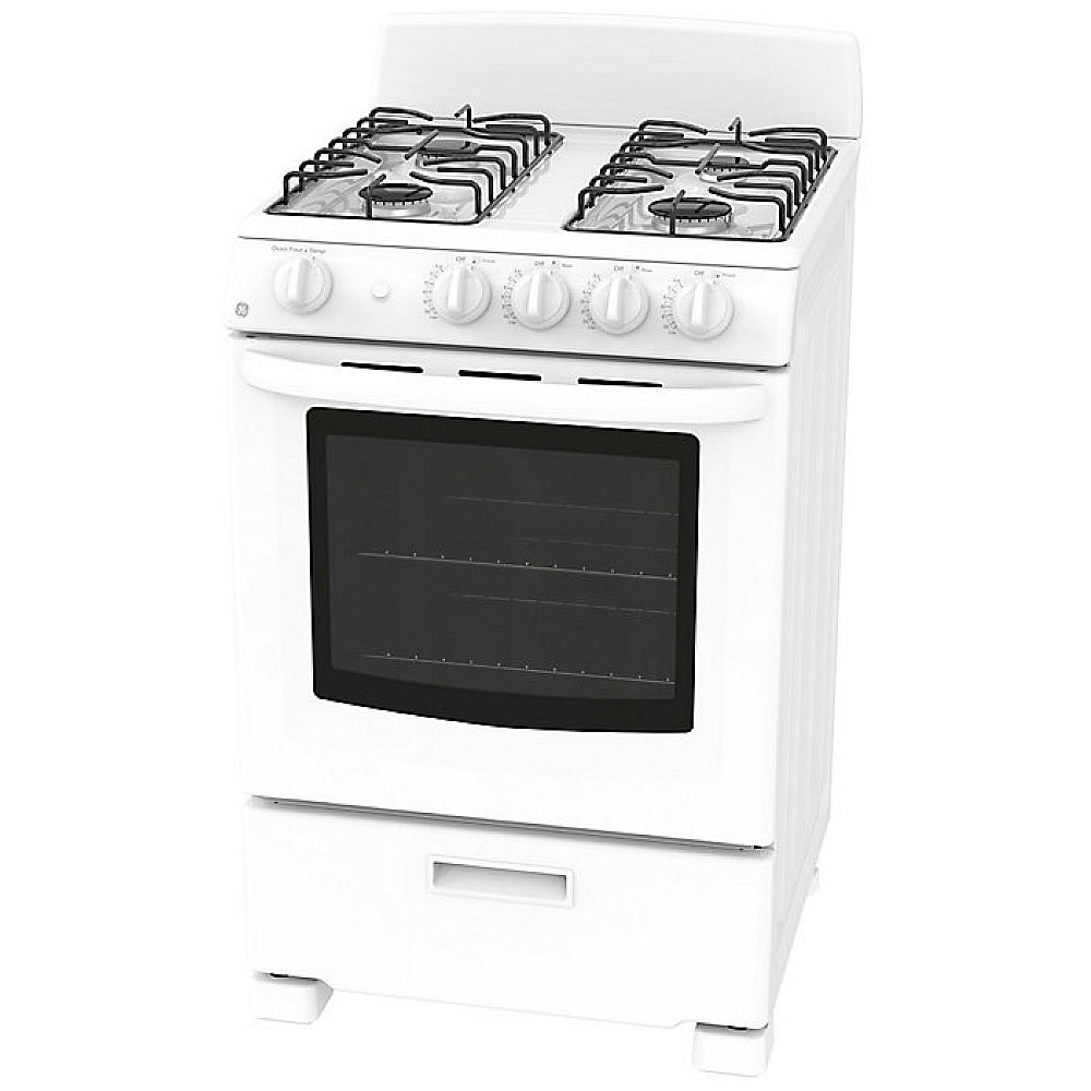 GE JCGAS300DMWW Range, 24" Exterior Width, Gas Range, Gas Burners, 4 Burners, 2.9 cu. ft. Capacity, Storage Drawer, 1 Ovens, 12K BTU, Front Controls, White colour