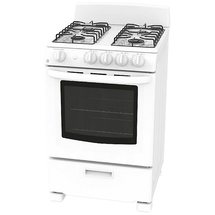 GE JCGAS300DMWW Range, 24" Exterior Width, Gas Range, Gas Burners, 4 Burners, 2.9 cu. ft. Capacity, Storage Drawer, 1 Ovens, 12K BTU, Front Controls, White colour