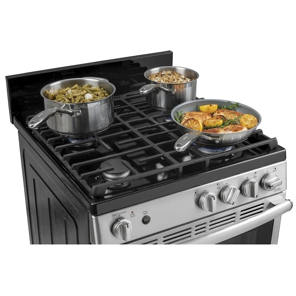 GE JCGAS640RMSS Range, 24" Exterior Width, Gas Range, Gas Burners, 4 Burners, 2.9 cu. ft. Capacity, Storage Drawer, 1 Ovens, 15K BTU, Front Controls, Stainless Steel colour