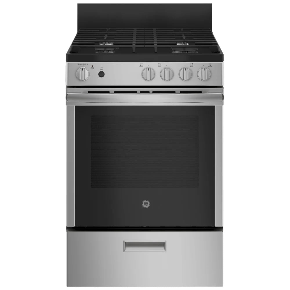 GE JCGAS640RMSS Range, 24" Exterior Width, Gas Range, Gas Burners, 4 Burners, 2.9 cu. ft. Capacity, Storage Drawer, 1 Ovens, 15K BTU, Front Controls, Stainless Steel colour