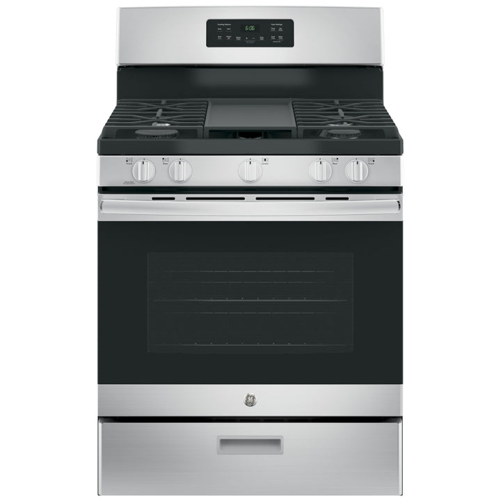 GE JCGBS66SEKSS Gas Range, 5 cu. ft. Capacity, 30 inch Exterior Width, Manual Clean, 5 Burners, Broiler Drawer, 15,000 BTU Highest Burner, Stainless Steel colour