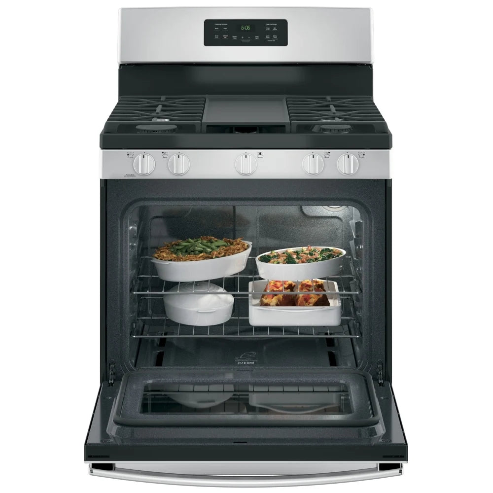 GE JCGBS66SEK7SS 30″ Gas Range with 5.0 cu. ft. Oven, 5 Burners, Broiler Drawer, 15,000 BTU Burner, Stainless Steel