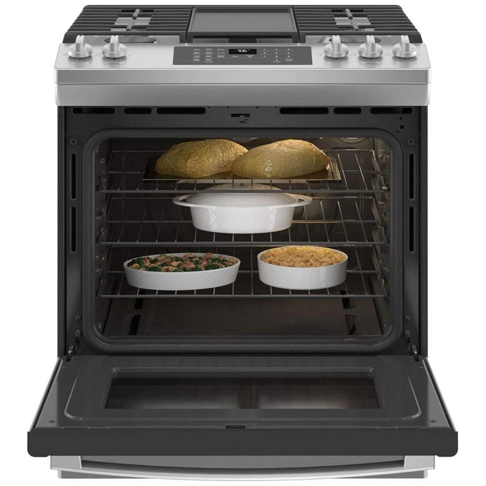GE JCGS760SPSS Range, 30" Exterior Width, Gas Range, Self Clean, Gas Burners, Convection, 5 Burners, 5.6 cu. ft. Capacity, Storage Drawer, Air Fry, 1 Ovens, Wifi Enabled, 18K BTU