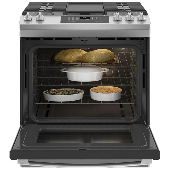 GE JCGS760SPSS Range, 30" Exterior Width, Gas Range, Self Clean, Gas Burners, Convection, 5 Burners, 5.6 cu. ft. Capacity, Storage Drawer, Air Fry, 1 Ovens, Wifi Enabled, 18K BTU