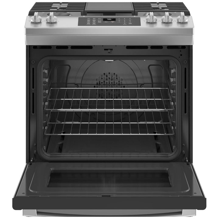 GE JCGS760SPSS Range, 30" Exterior Width, Gas Range, Self Clean, Gas Burners, Convection, 5 Burners, 5.6 cu. ft. Capacity, Storage Drawer, Air Fry, 1 Ovens, Wifi Enabled, 18K BTU