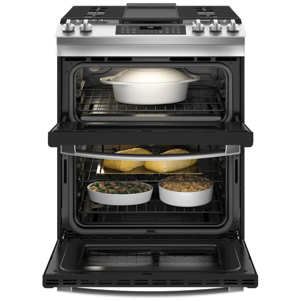 GE 30" 6.7 Cu. Ft. Double Oven 5-Burner Slide-In Gas Range (JCGSS86SPSS) - Stainless Steel