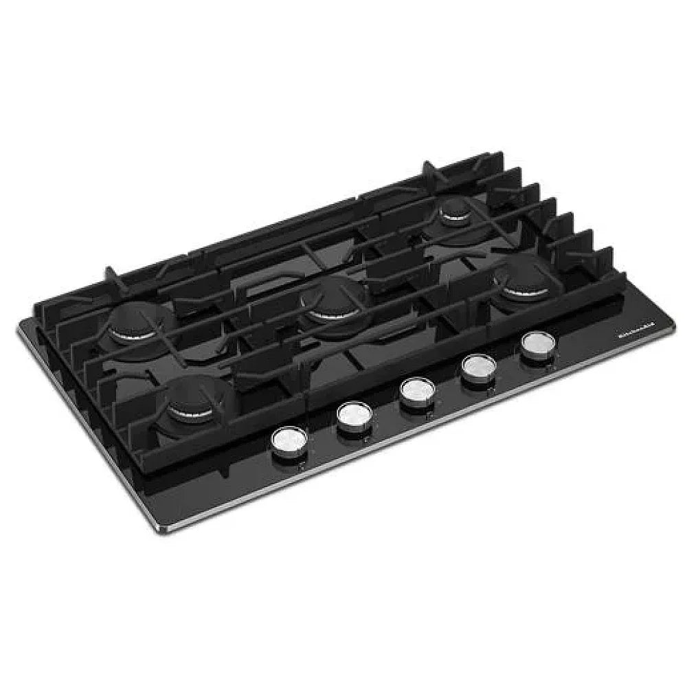 KitchenAid KCGG536PBL Gas Cooktop, 36 inch Width, 5 Sealed Burners, Gas-on-Glass, 18,000 BTU Center Burner, Black