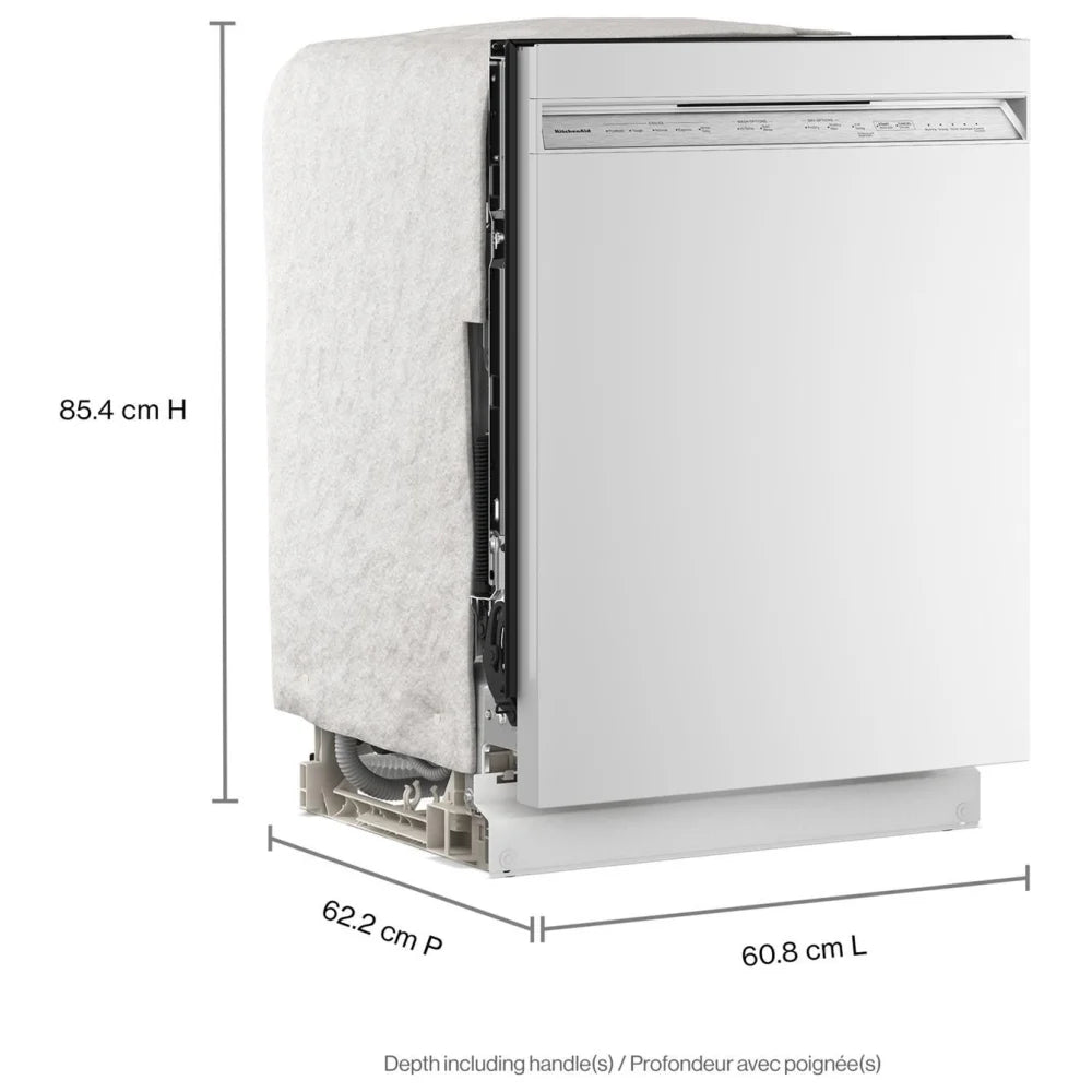 KitchenAid KDFS224SWH Dishwasher, 24 inch Exterior Width, 47 dB Decibel Level, Fully Integrated, Stainless Interior, 5 Wash Cycles, 13 Capacity (Place Settings), 3 Loading Racks, White colour