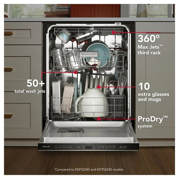 KitchenAid KDTS424SPS Dishwasher, 24 inch Exterior Width, 44 dB Decibel Level, Fully Integrated, Stainless Interior, 5 Wash Cycles, 16 Capacity (Place Settings), 3 Loading Racks, PrintShield Stainless Steel colour SatinGlide Racks