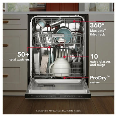 KitchenAid KDTS424SPS Dishwasher, 24 inch Exterior Width, 44 dB Decibel Level, Fully Integrated, Stainless Interior, 5 Wash Cycles, 16 Capacity (Place Settings), 3 Loading Racks, PrintShield Stainless Steel colour SatinGlide Racks