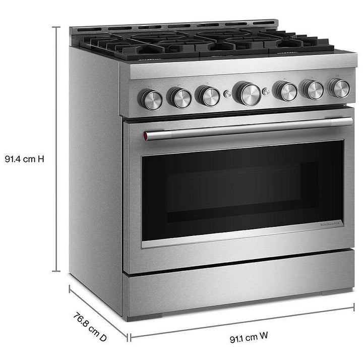 KitchenAid KFGS936SSS Gas Range, 5.1 cu. ft. Capacity, 36 inch Exterior Width, Self Clean, True Convection, 6 Burners, Air Fry, 20,000 BTU Highest Burner, Stainless Steel colour, Even-Heat™