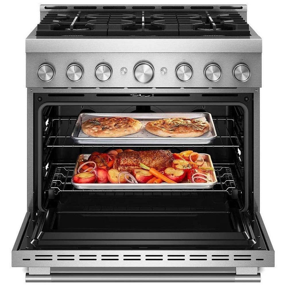 KitchenAid KFGS936SSS Gas Range, 5.1 cu. ft. Capacity, 36 inch Exterior Width, Self Clean, True Convection, 6 Burners, Air Fry, 20,000 BTU Highest Burner, Stainless Steel colour, Even-Heat™