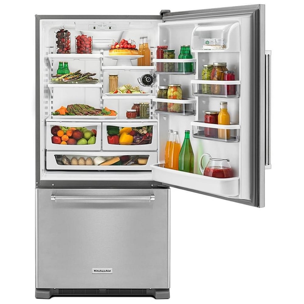 KitchenAid KRBR102ESS Bottom Freezer Refrigerator, 33 inch Width, Optional Ice Maker (Special Order), ENERGY STAR Certified, 22.1 cu. ft. Capacity, Stainless Steel color