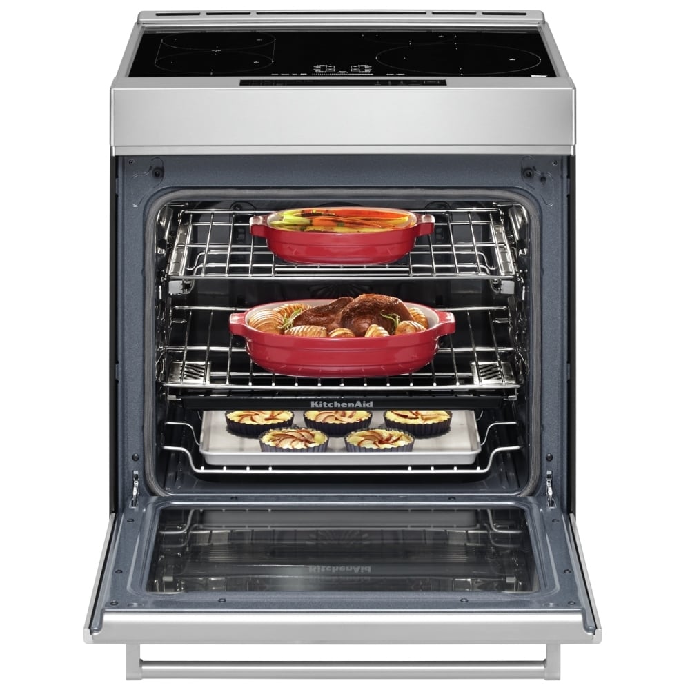KitchenAid KSIS730PSS Induction Range, 6.4 cu. ft. Capacity, 30 inch Exterior Width, True Convection, 4 Burners, Storage Drawer, Air Fry, Self Clean, 3,700 Watts Highest Burner Element, Stainless Steel colour True European Convection, Steam Rack