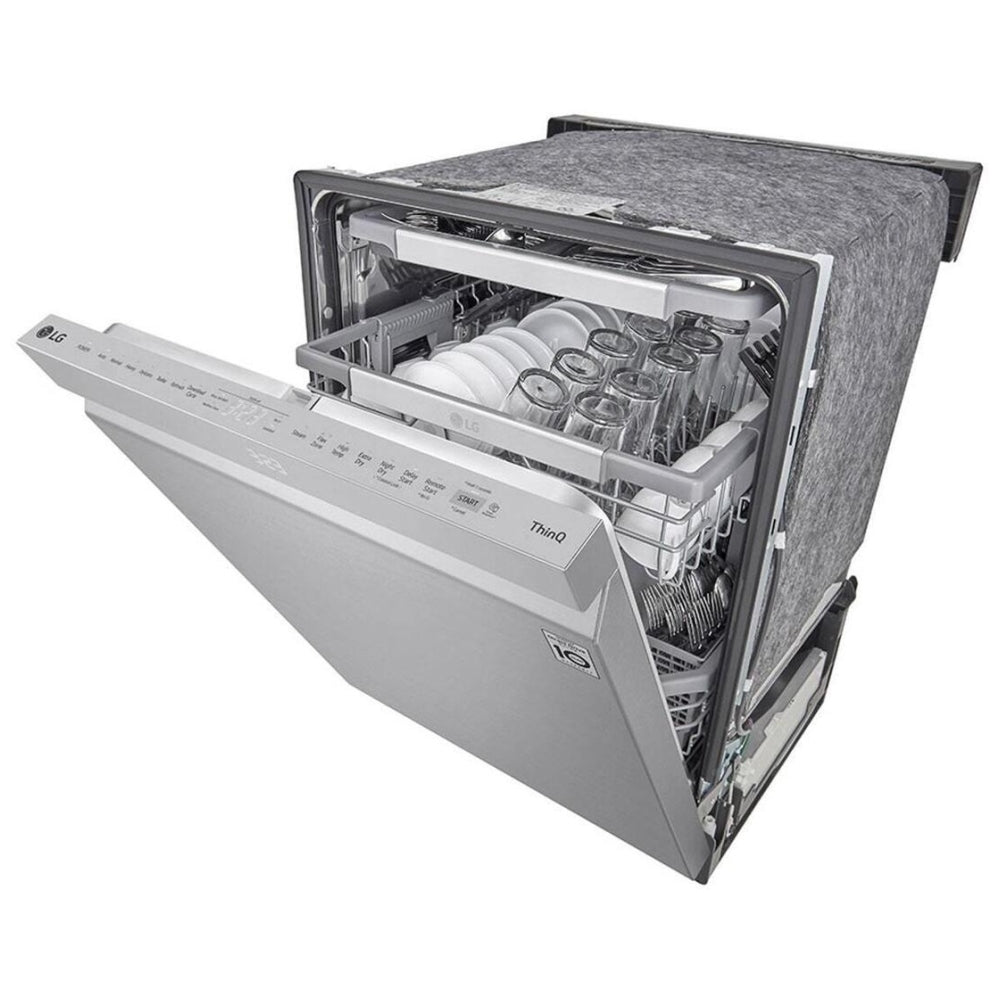 LG LDPS6762S Dishwasher, 24" Exterior Width, 44 dB Decibel Level, Fully Integrated, Stainless Steel (Interior), 10 Wash Cycles, 15 Capacity (Place Settings), 3 Loading Racks, Wifi Enabled, Stainless Steel color Glide Rail, True Steam