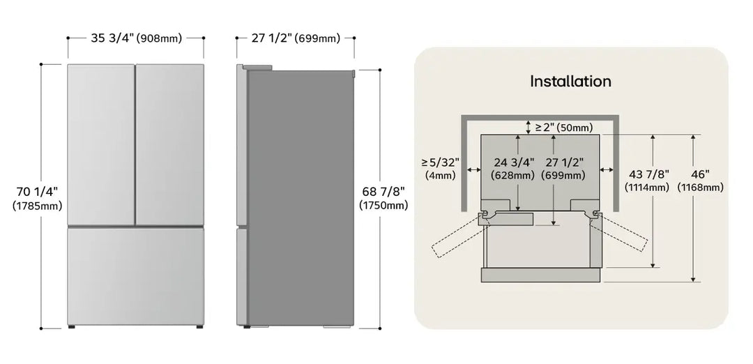 LG Electronics 36-inch W 25 cu.ft. Counter-Depth MAX 3-Door French Door Refrigerator with Zero Clearance in Stainless Steel - ENERGY STAR® Model # LF25Z6211S