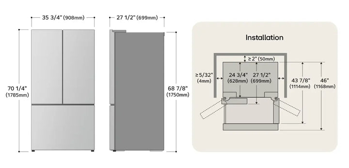 LG Electronics 36-inch W 25 cu.ft. Counter-Depth MAX 3-Door French Door Refrigerator with Zero Clearance in Stainless Steel - ENERGY STAR® Model # LF25Z6211S