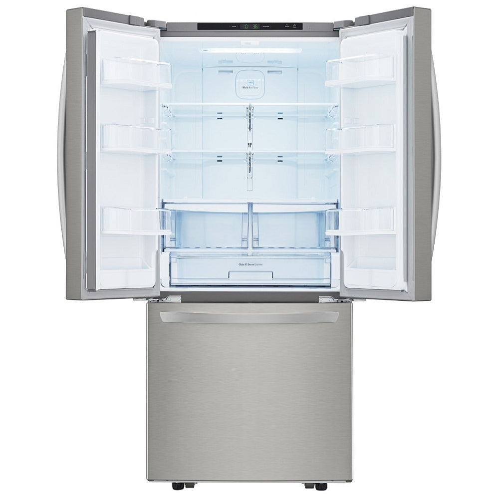 LG LRFNS2200S 30" French Door Refrigerator, 21.8 cu. ft., Stainless Steel. Smart Cooling®, Multi-Air Flow™, Glide N’ Serve™ drawer, SpillProtector™ shelves, ENERGY STAR®. Optional ice maker (special order).