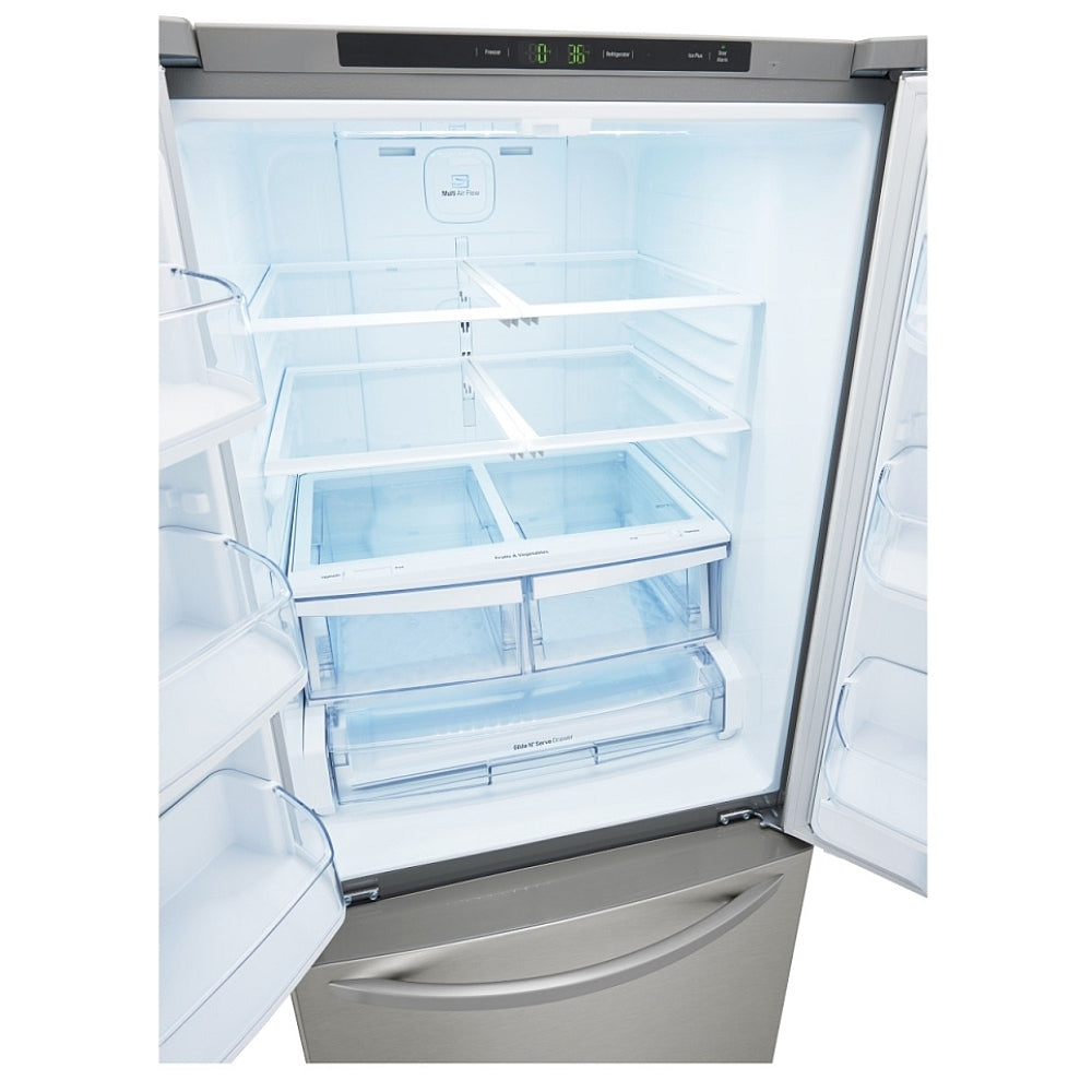 LG LRFNS2200S 30" French Door Refrigerator, 21.8 cu. ft., Stainless Steel. Smart Cooling®, Multi-Air Flow™, Glide N’ Serve™ drawer, SpillProtector™ shelves, ENERGY STAR®. Optional ice maker (special order).