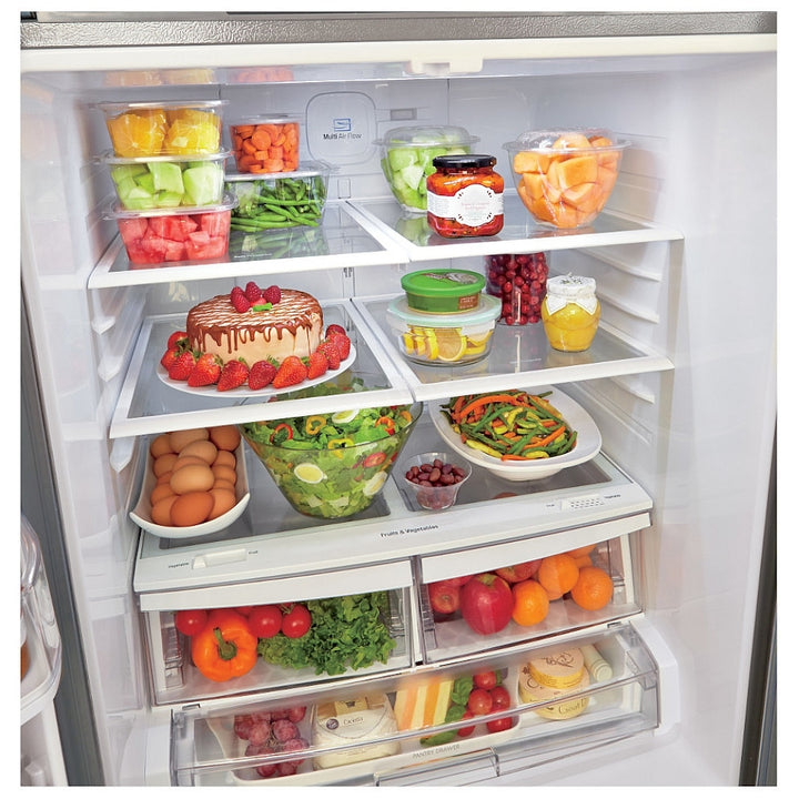 LG LRFNS2200S 30" French Door Refrigerator, 21.8 cu. ft., Stainless Steel. Smart Cooling®, Multi-Air Flow™, Glide N’ Serve™ drawer, SpillProtector™ shelves, ENERGY STAR®. Optional ice maker (special order).