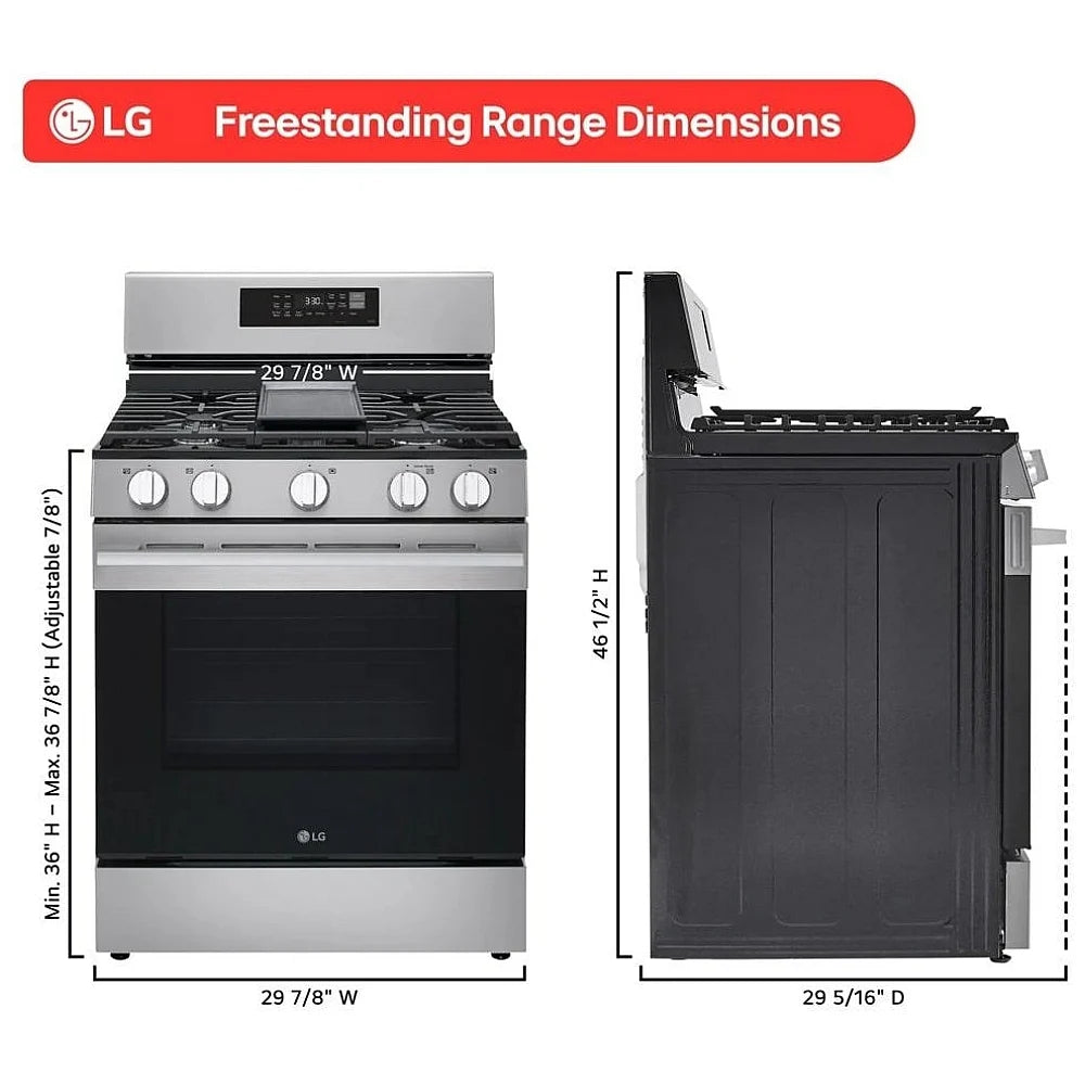 LG LRGN6323Y Gas Range, 6.3 cu. ft. Capacity, 30 inch Exterior Width, Self Clean, True Convection, 5 Burners, Storage Drawer, Air Fry, 20,000 BTU Highest Burner, Stainless Steel colour, EasyClean®, InstaView® Window, Probake Convection