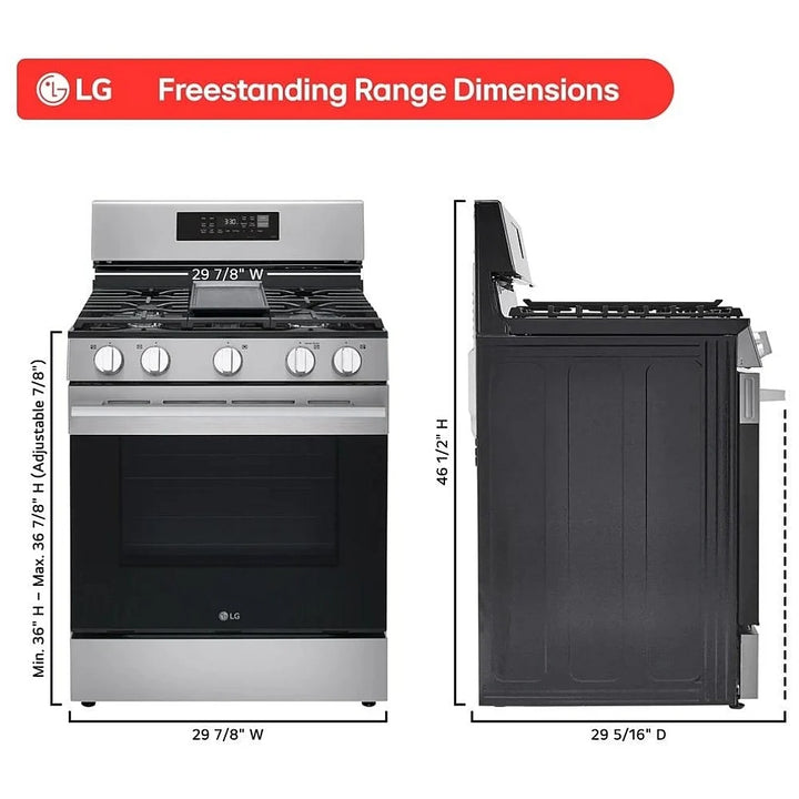 LG LRGN6323Y Gas Range, 6.3 cu. ft. Capacity, 30 inch Exterior Width, Self Clean, True Convection, 5 Burners, Storage Drawer, Air Fry, 20,000 BTU Highest Burner, Stainless Steel colour, EasyClean®, InstaView® Window, Probake Convection