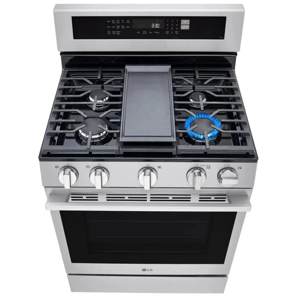 LG LRGN6325X Gas Range, 6.3 cu. ft. Capacity, 30 inch Exterior Width, Self Clean, Convection, 5 Burners, Storage Drawer, Air Fry, 20,000 BTU Highest Burner, Stainless Steel color, EasyClean®, Insta View® Window, Pro bake Convection®, ThinQ® , Ultra Heat