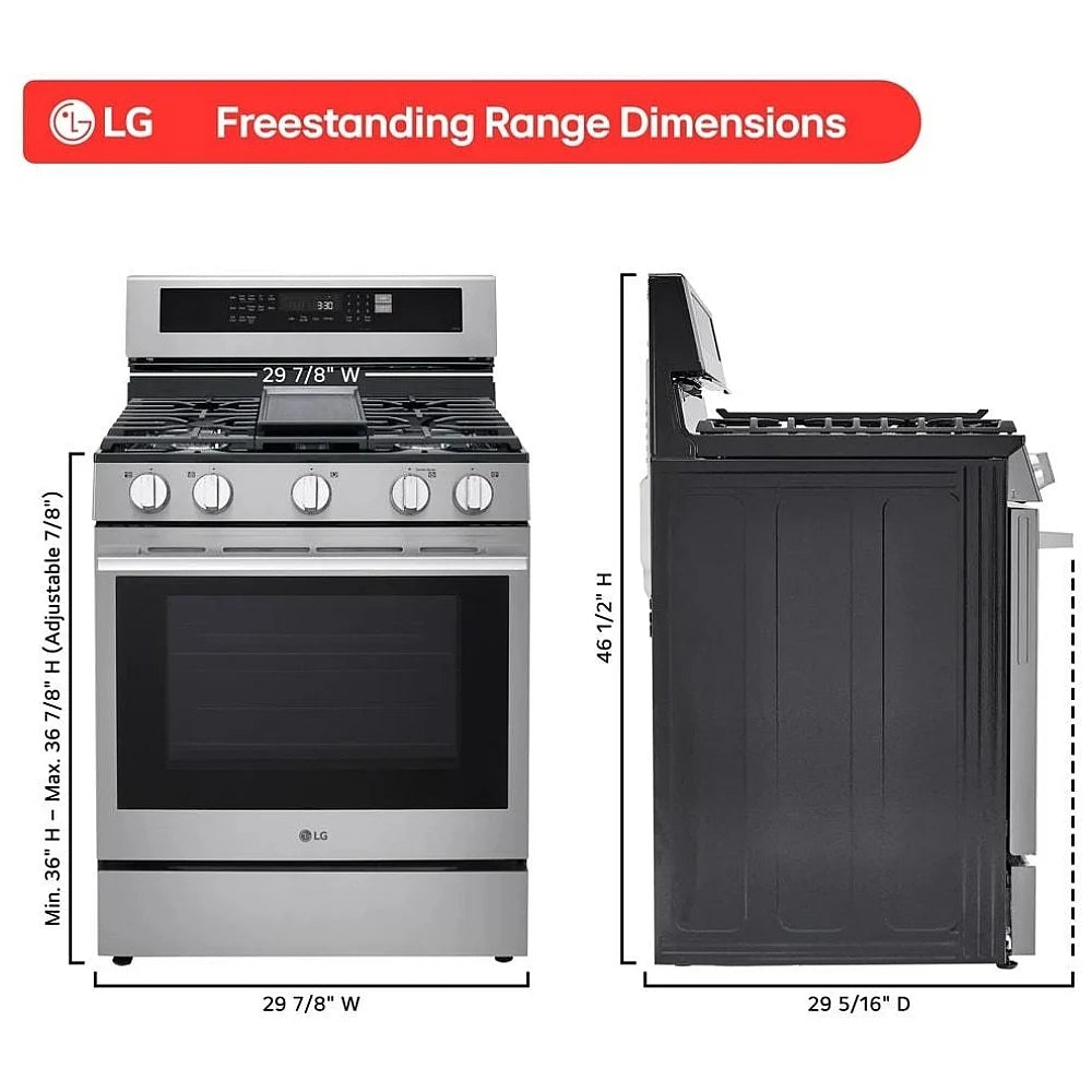 LG LRGN6325X Gas Range, 6.3 cu. ft. Capacity, 30 inch Exterior Width, Self Clean, Convection, 5 Burners, Storage Drawer, Air Fry, 20,000 BTU Highest Burner, Stainless Steel color, EasyClean®, Insta View® Window, Pro bake Convection®, ThinQ® , Ultra Heat