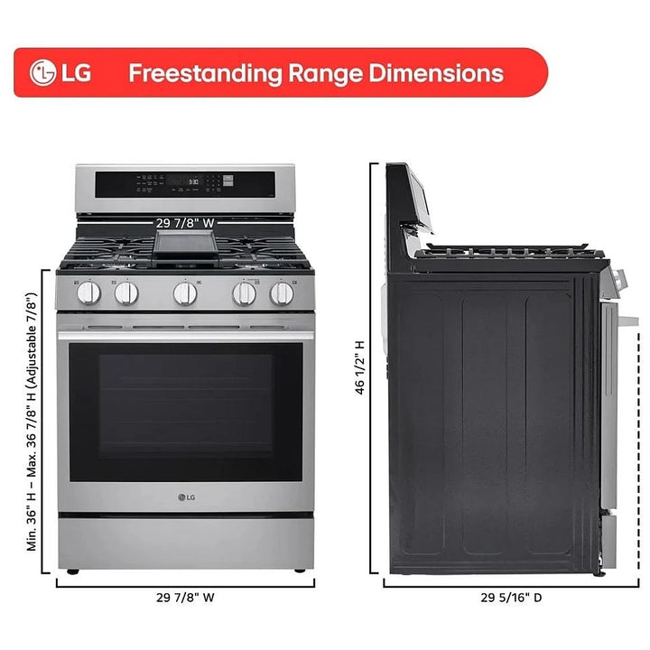 LG LRGN6325X Gas Range, 6.3 cu. ft. Capacity, 30 inch Exterior Width, Self Clean, Convection, 5 Burners, Storage Drawer, Air Fry, 20,000 BTU Highest Burner, Stainless Steel color, EasyClean®, Insta View® Window, Pro bake Convection®, ThinQ® , Ultra Heat