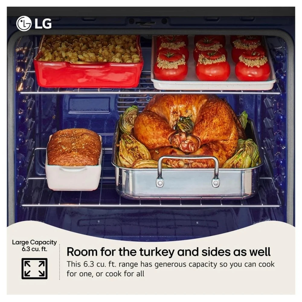 LG LRGN6325X Gas Range, 6.3 cu. ft. Capacity, 30 inch Exterior Width, Self Clean, Convection, 5 Burners, Storage Drawer, Air Fry, 20,000 BTU Highest Burner, Stainless Steel color, EasyClean®, Insta View® Window, Pro bake Convection®, ThinQ® , Ultra Heat