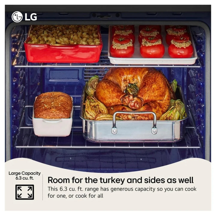 LG LRGN6325X Gas Range, 6.3 cu. ft. Capacity, 30 inch Exterior Width, Self Clean, Convection, 5 Burners, Storage Drawer, Air Fry, 20,000 BTU Highest Burner, Stainless Steel color, EasyClean®, Insta View® Window, Pro bake Convection®, ThinQ® , Ultra Heat