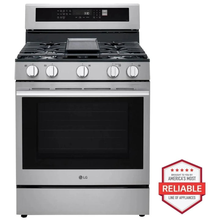 LG LRGN6325X Gas Range, 6.3 cu. ft. Capacity, 30 inch Exterior Width, Self Clean, Convection, 5 Burners, Storage Drawer, Air Fry, 20,000 BTU Highest Burner, Stainless Steel color, EasyClean®, Insta View® Window, Pro bake Convection®, ThinQ® , Ultra Heat