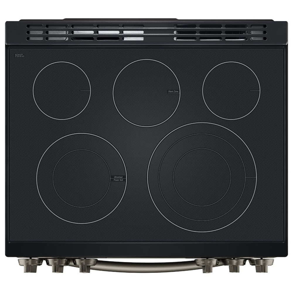 LG LSEL6335D Range, Electric, 30 inch Exterior Width, Self Clean, Convection, 5 Burners, 6.3 cu. ft. Capacity, Storage Drawer, Air Fry, 1 Ovens, Black Stainless Steel colour.  Open box 1 year warranty