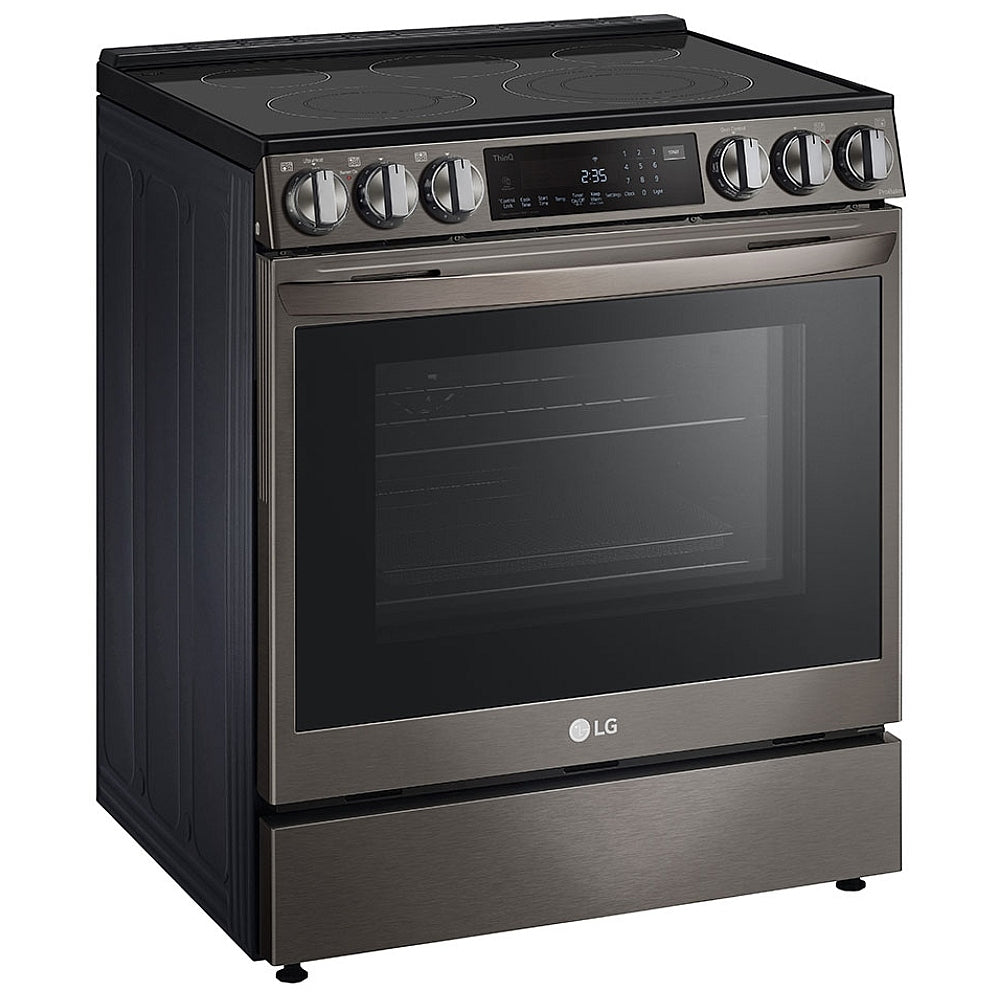 LG LSEL6335D Range, Electric, 30 inch Exterior Width, Self Clean, Convection, 5 Burners, 6.3 cu. ft. Capacity, Storage Drawer, Air Fry, 1 Ovens, Black Stainless Steel colour.  Open box 1 year warranty