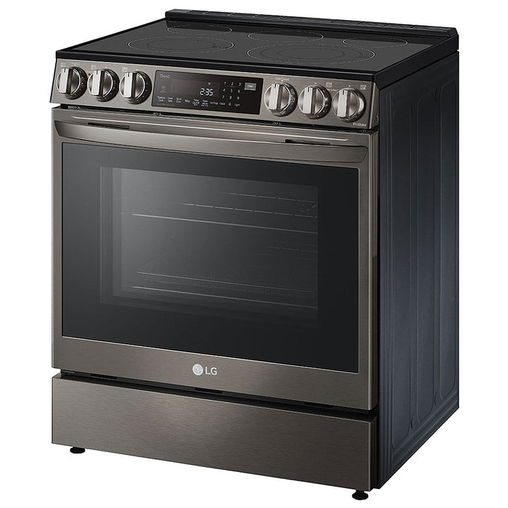 LG LSEL6335D Range, Electric, 30 inch Exterior Width, Self Clean, Convection, 5 Burners, 6.3 cu. ft. Capacity, Storage Drawer, Air Fry, 1 Ovens, Black Stainless Steel colour.  Open box 1 year warranty