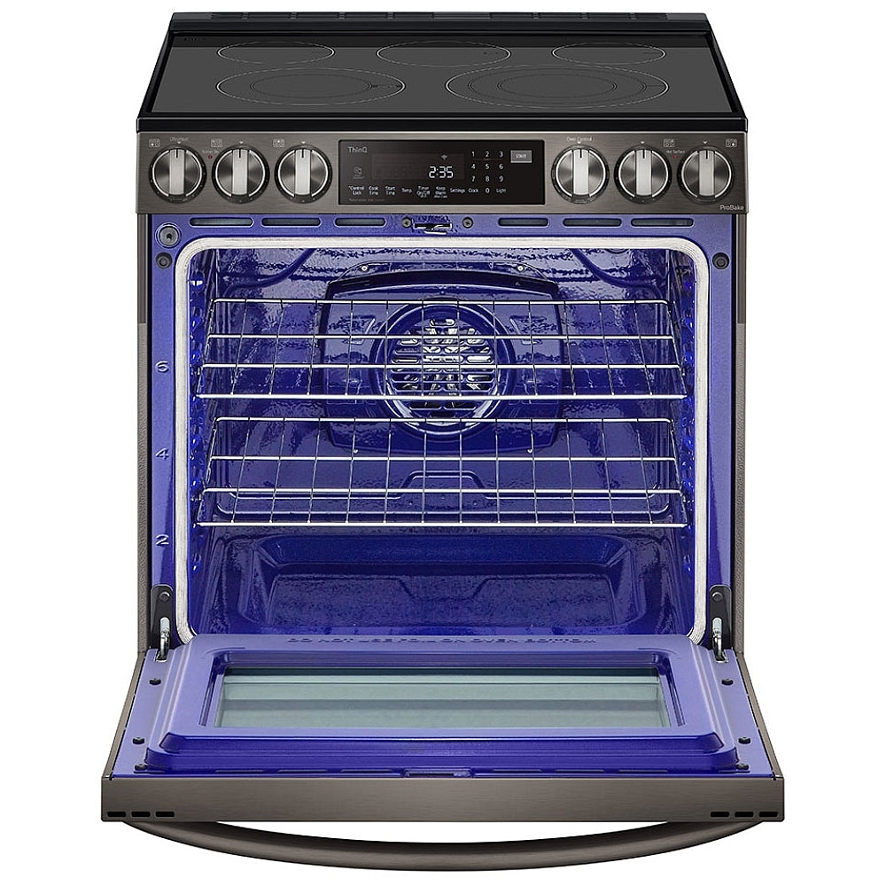 LG LSEL6335D Range, Electric, 30 inch Exterior Width, Self Clean, Convection, 5 Burners, 6.3 cu. ft. Capacity, Storage Drawer, Air Fry, 1 Ovens, Black Stainless Steel colour.  Open box 1 year warranty