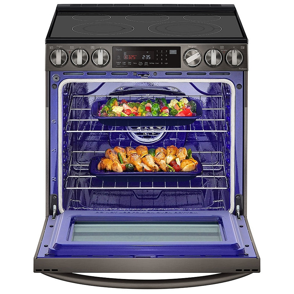 LG LSEL6335D Range, Electric, 30 inch Exterior Width, Self Clean, Convection, 5 Burners, 6.3 cu. ft. Capacity, Storage Drawer, Air Fry, 1 Ovens, Black Stainless Steel colour.  Open box 1 year warranty