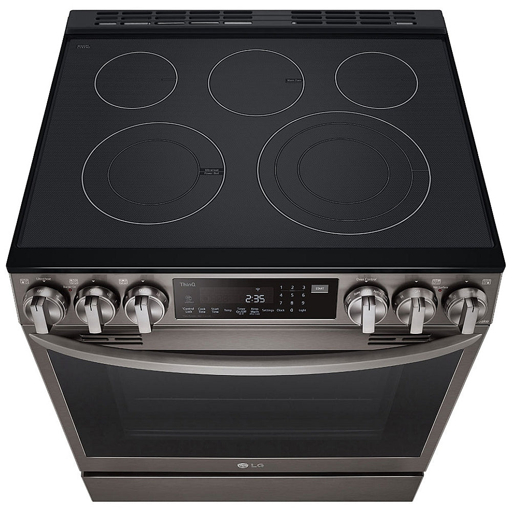 LG LSEL6335D Range, Electric, 30 inch Exterior Width, Self Clean, Convection, 5 Burners, 6.3 cu. ft. Capacity, Storage Drawer, Air Fry, 1 Ovens, Black Stainless Steel colour.  Open box 1 year warranty