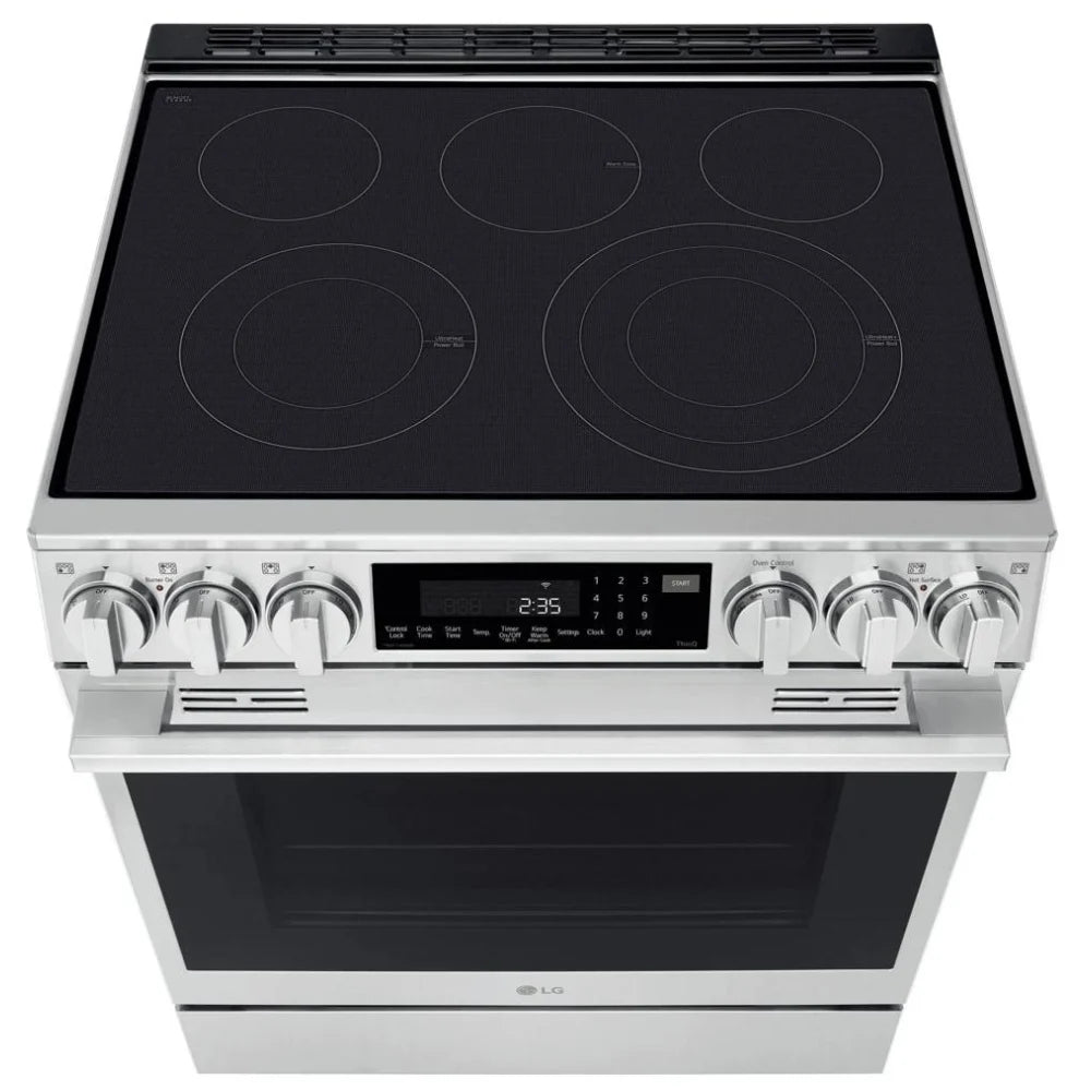 LG LSEL6337XE Electric Range, 6.3 cu. ft. Capacity, 30 inch Exterior Width, Convection, 5 Burners, Storage Drawer, Air Fry, Self Clean, 3,600 W Highest Element, Stainless Steel colour, EasyClean®, InstaView® Window, Probake Convection®, UltraHeat™ Element