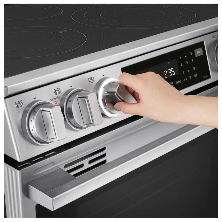 LG LSEL6337XE Electric Range, 6.3 cu. ft. Capacity, 30 inch Exterior Width, Convection, 5 Burners, Storage Drawer, Air Fry, Self Clean, 3,600 W Highest Element, Stainless Steel colour, EasyClean®, InstaView® Window, Probake Convection®, UltraHeat™ Element