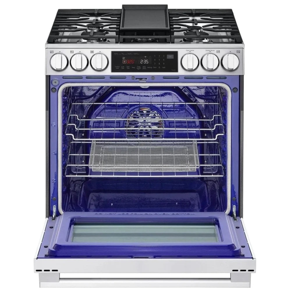 LG LSGL6335X Gas Range, 6.3 cu. ft. Capacity, 30 inch Exterior Width, Self Clean, Convection, 5 Burners, Storage Drawer, Air Fry, 20,000 BTU Highest Burner, Stainless Steel colour, EasyClean®, InstaView® Window, Probake Convection®, ThinQ Technology