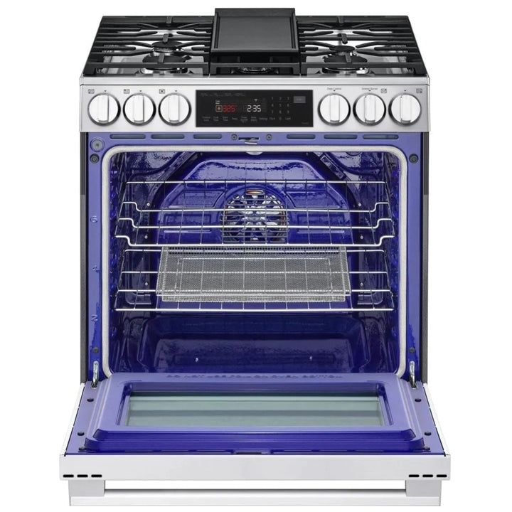 LG LSGL6335X Gas Range, 6.3 cu. ft. Capacity, 30 inch Exterior Width, Self Clean, Convection, 5 Burners, Storage Drawer, Air Fry, 20,000 BTU Highest Burner, Stainless Steel colour, EasyClean®, InstaView® Window, Probake Convection®, ThinQ Technology