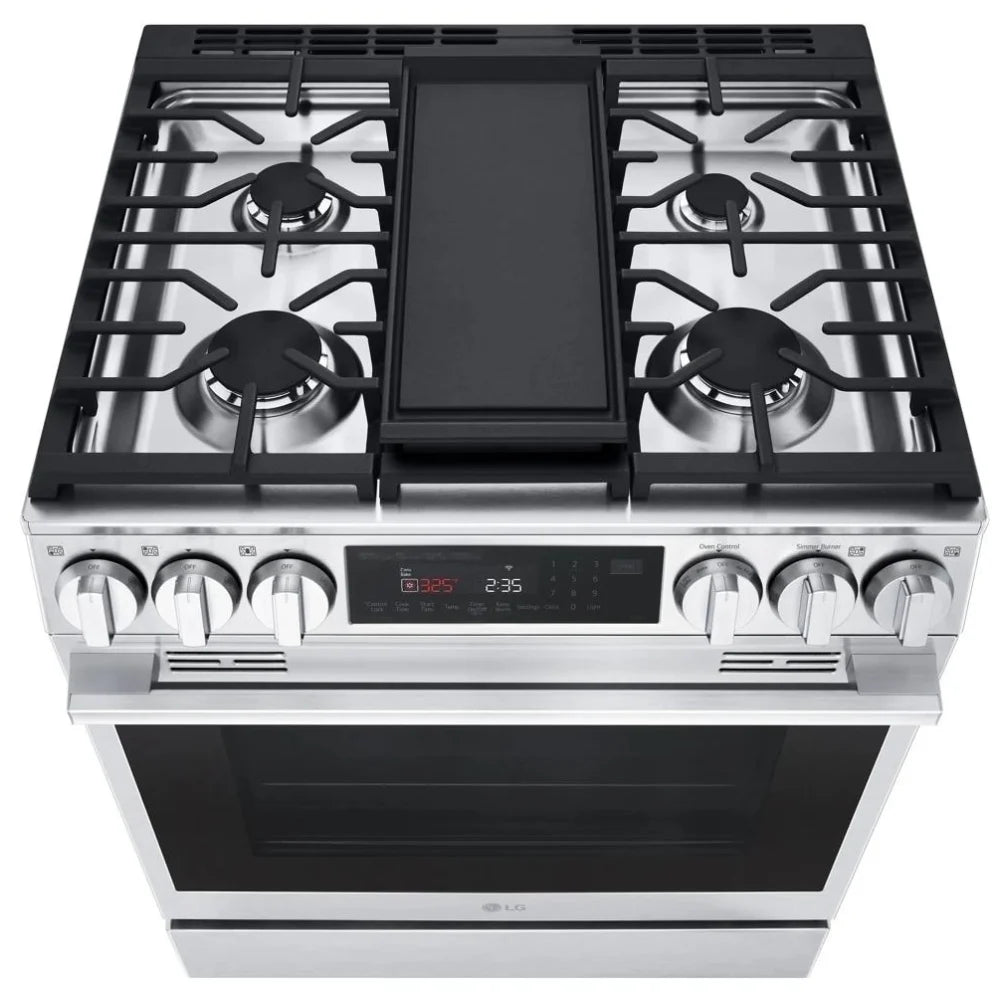 LG LSGL6335X Gas Range, 6.3 cu. ft. Capacity, 30 inch Exterior Width, Self Clean, Convection, 5 Burners, Storage Drawer, Air Fry, 20,000 BTU Highest Burner, Stainless Steel colour, EasyClean®, InstaView® Window, Probake Convection®, ThinQ Technology