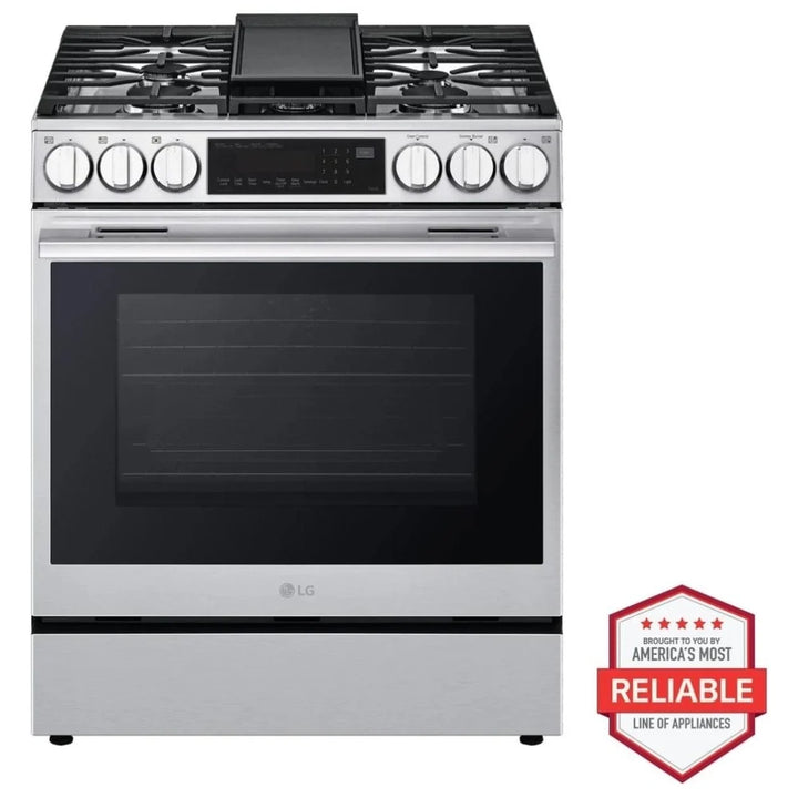 LG LSGL6335X Gas Range, 6.3 cu. ft. Capacity, 30 inch Exterior Width, Self Clean, Convection, 5 Burners, Storage Drawer, Air Fry, 20,000 BTU Highest Burner, Stainless Steel colour, EasyClean®, InstaView® Window, Probake Convection®, ThinQ Technology