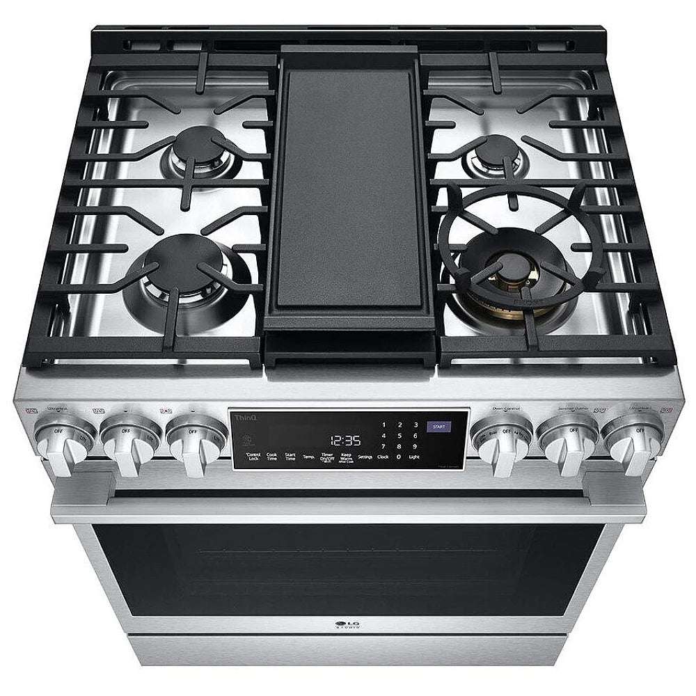 LG Studio LSGS6338F Range, 30"  Gas Range, Self Clean, Convection, 4 Burners, 6.3 cu. ft. Air Fry, 1 Ovens, Wifi Enabled, 22k BTU Telescopic Gliding Extension Rack, Insta View, Air Sous Vide, True European