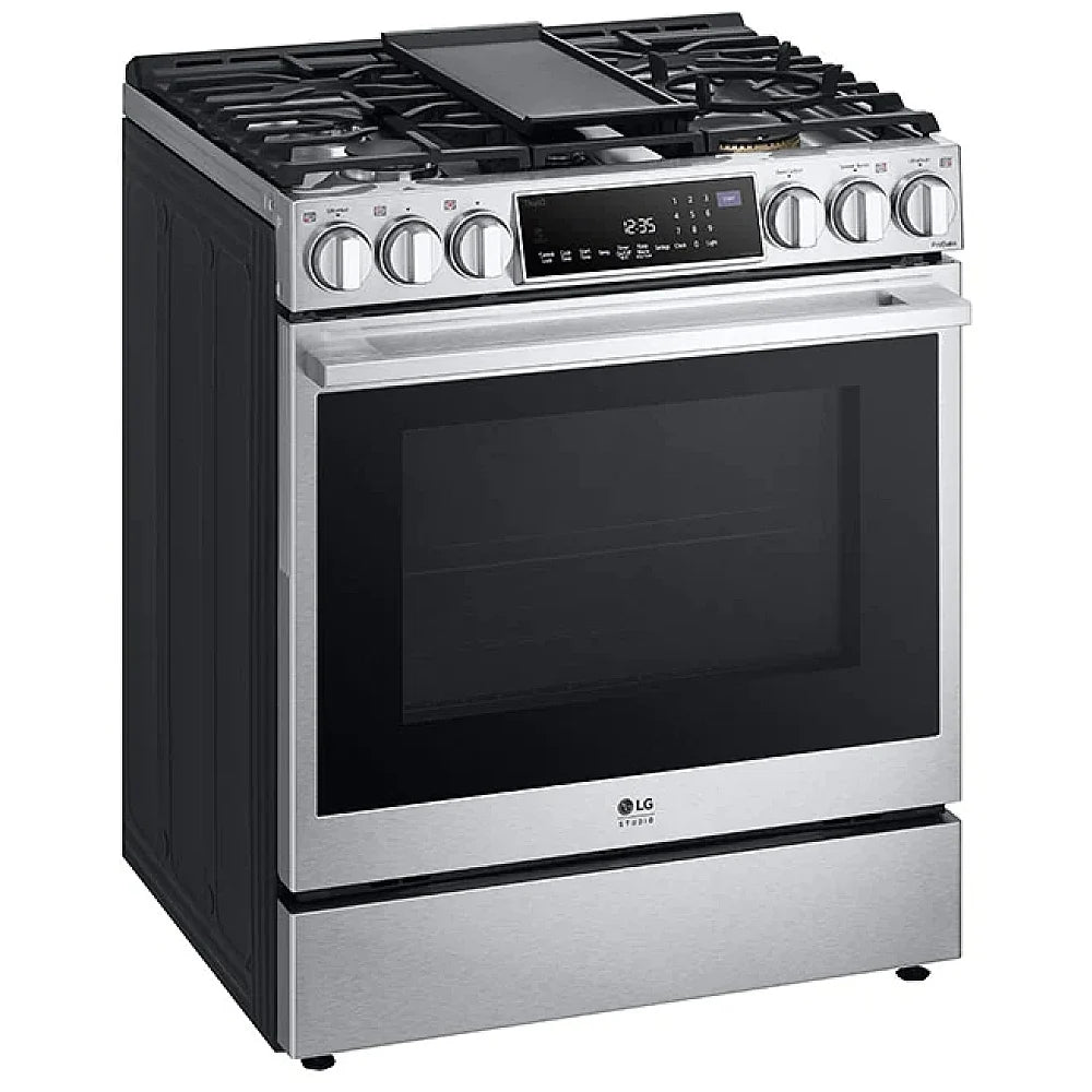 LG Studio LSGS6338F Range, 30"  Gas Range, Self Clean, Convection, 4 Burners, 6.3 cu. ft. Air Fry, 1 Ovens, Wifi Enabled, 22k BTU Telescopic Gliding Extension Rack, Insta View, Air Sous Vide, True European